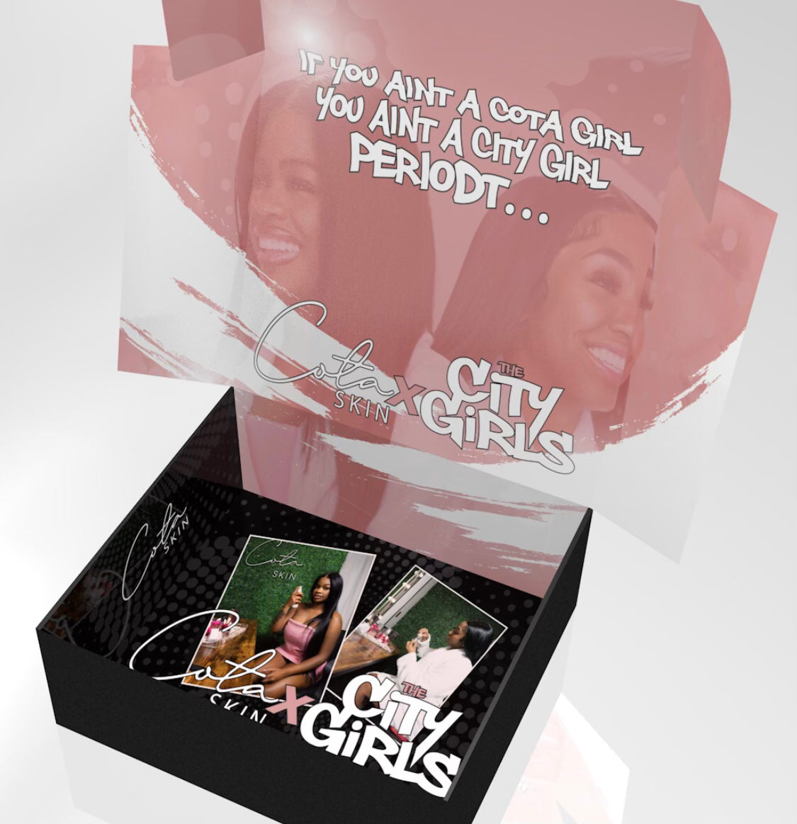 Introducing the COTA Skin x CITY GIRLS Luxe XL Bundle Box: Your exclusive VIP access to flawless skin, just like Caresha and JT of The City Girls! This all-in-one set is curated to deliver healthier, glowing skin effortlessly. Included in the bundle: COTA Classic Face Cleanser COTA Rose Toner 24K Gold Skin Brightening Serum COTA Face Cream Hyaluronic Acid Mask Collagen Eye Mask